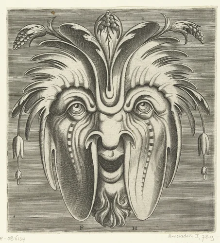 Masker met uitgezakte wangen en trossen bessen in het haar by Unknown, print, 1555