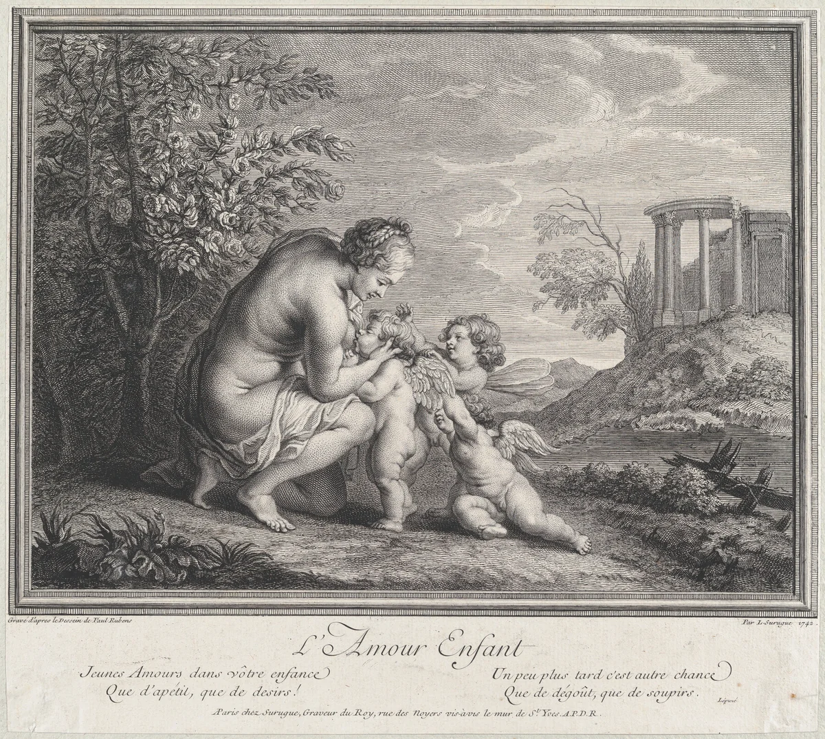 Venus nursing three Cupids in a landscape by Louis Surugue, print, 1742