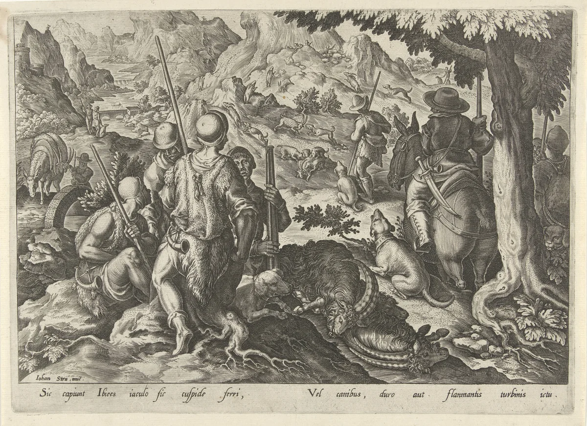 Jacht op berggeiten by Philips Galle, print, 1578