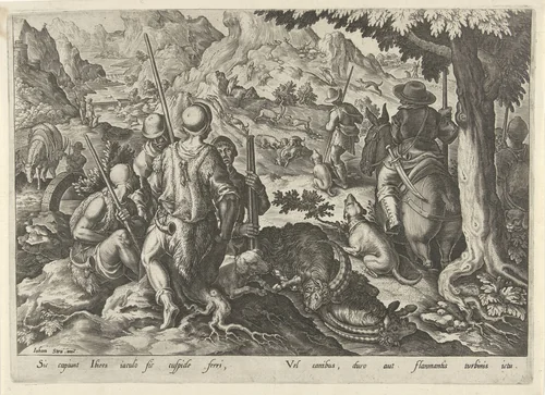 Jacht op berggeiten by Philips Galle, print, 1578