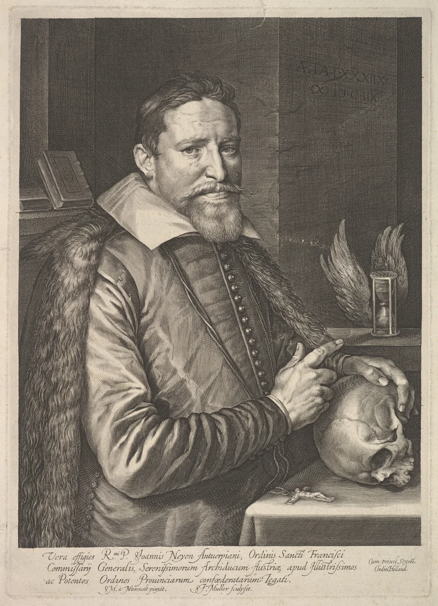 Portrait of Joannes Neyen, General of the Order of Franciscan Friars, Ambassador in Trier by Jan Muller, print, 1608