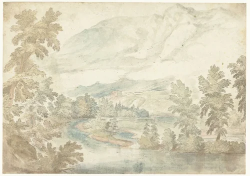 Bocht in een rivier stromend door een dal met hoge bergen by Frederik van Valckenborch, drawing, 1598-1599