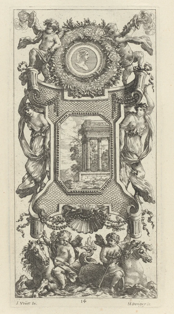 Ornamental Panel Surmounted by a Bust of a Woman and Two Putti with Flaming Trumpets by Michel Dorigny; Simon Vouet, print, 1647