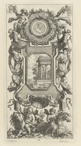 Ornamental Panel Surmounted by a Bust of a Woman and Two Putti with Flaming Trumpets by Michel Dorigny; Simon Vouet, print, 1647