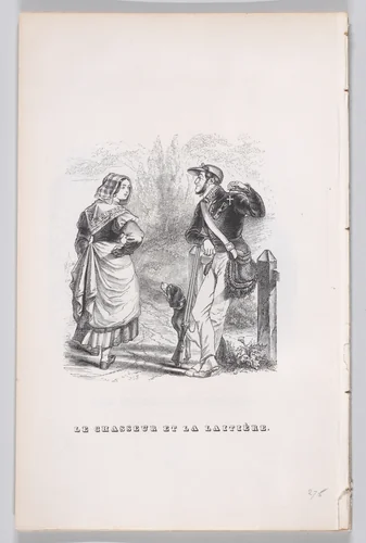 The Hunter and the Milkmaid, from "The Complete Works of Béranger" by J. J. Grandville, print, 1836