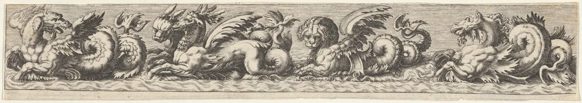 Frieze with Sea Monsters by Johann Theodor de Bry, print, 1580-1600