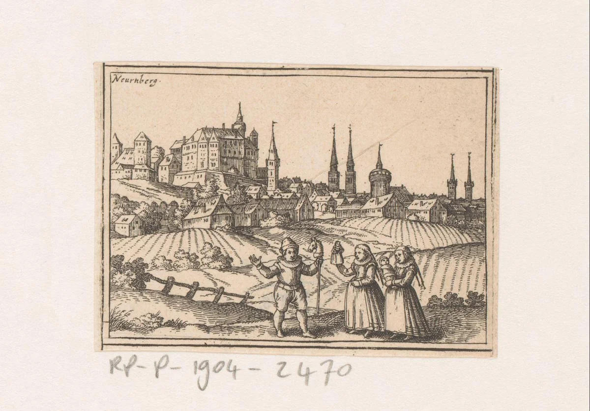 Gezicht op Neurenberg met poppenspelers by Daniel Sudermann, book, 1624