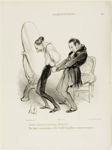 “- Enough, enough, it's much too tight!! - But not at all, Monsieur, this fabric suits you like a glove!”, plate 5 from Coquetterie by Honoré-Victorin Daumier, print, 1839