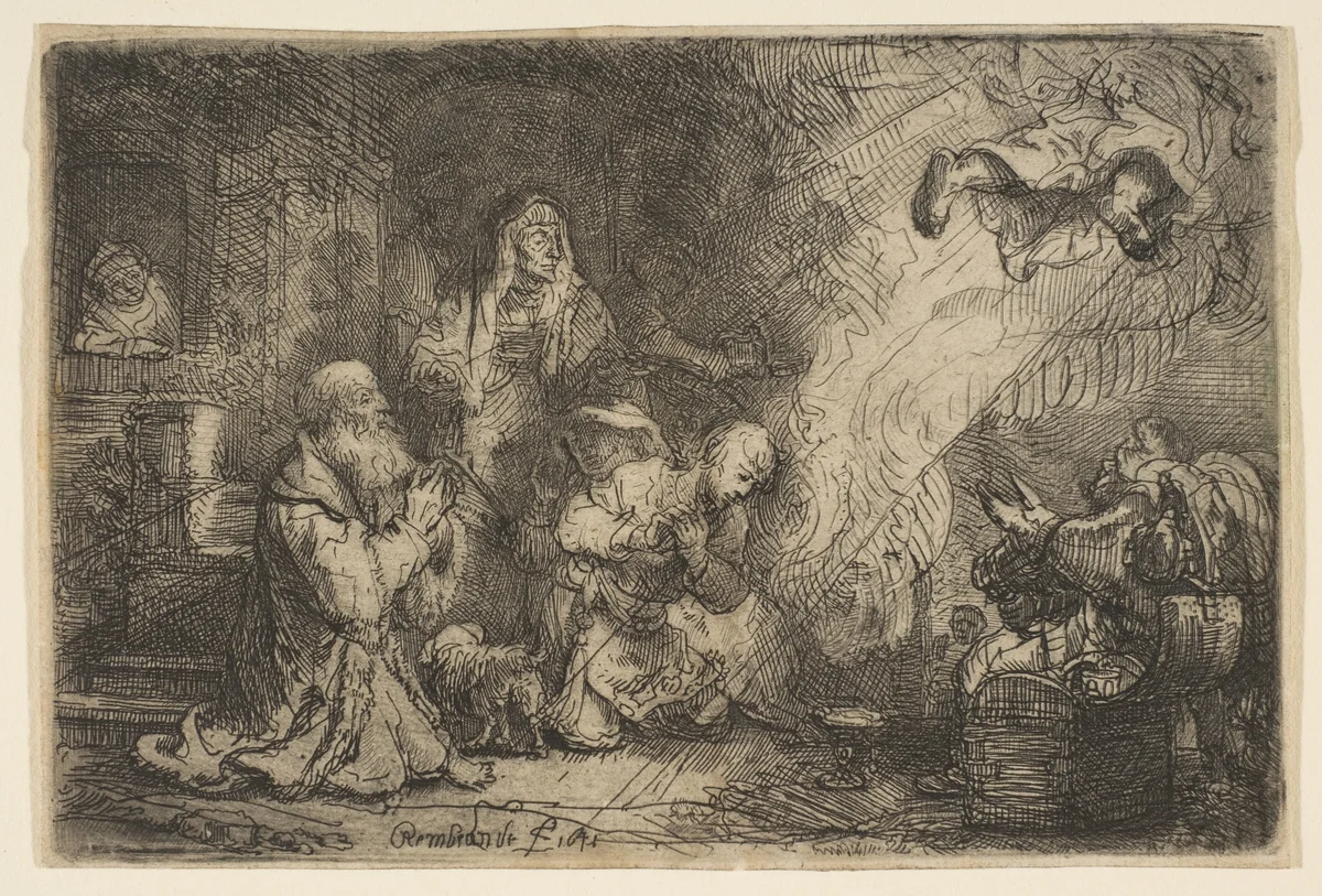 The Angel Departing from the Family of Tobias by Rembrandt van Rijn, print, 1641