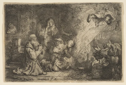 The Angel Departing from the Family of Tobias by Rembrandt van Rijn, print, 1641