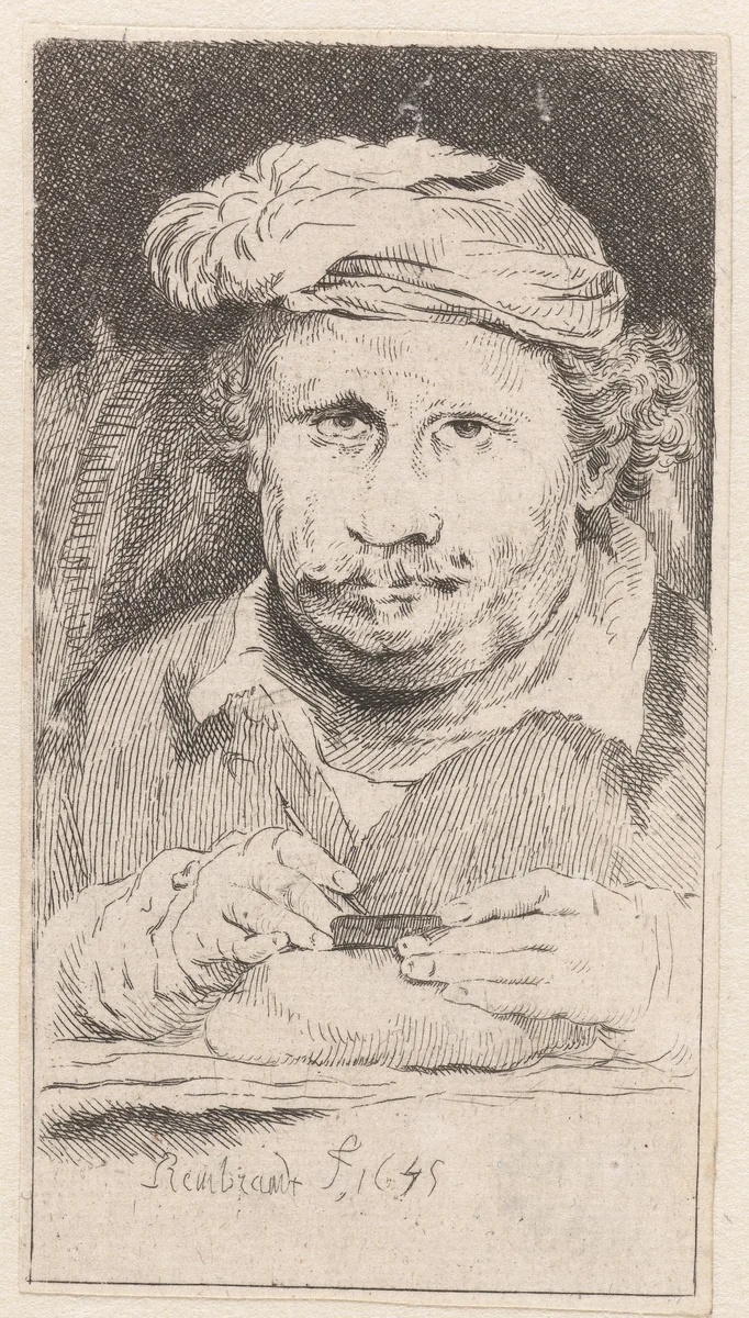 Self-portrait, drawing on an etching-plate by Pierre François Basan, print, 1733-1797