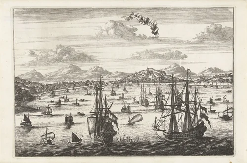 Gezicht op Melaka by Coenraet Decker, print, 1676