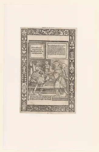 Vier drinkers worden gestoord door een duivel met een boodschap by anonymous, print, 1534