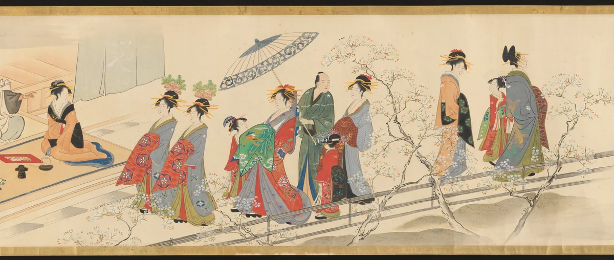 Three Gods of Good Fortune Visit the Yoshiwara; or “Scenes of Pleasure at the Height of Spring” by Chōbunsai Eishi (鳥文斎栄之), painting, 1800-1833