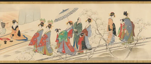 Three Gods of Good Fortune Visit the Yoshiwara; or “Scenes of Pleasure at the Height of Spring” by Chōbunsai Eishi (鳥文斎栄之), painting, 1800-1833