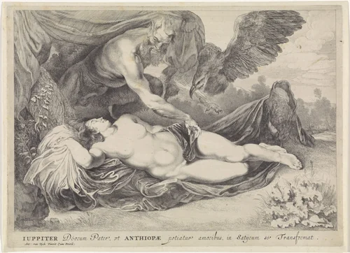 Jupiter en Antiope by Pieter van Sompel, print, 1615-1643