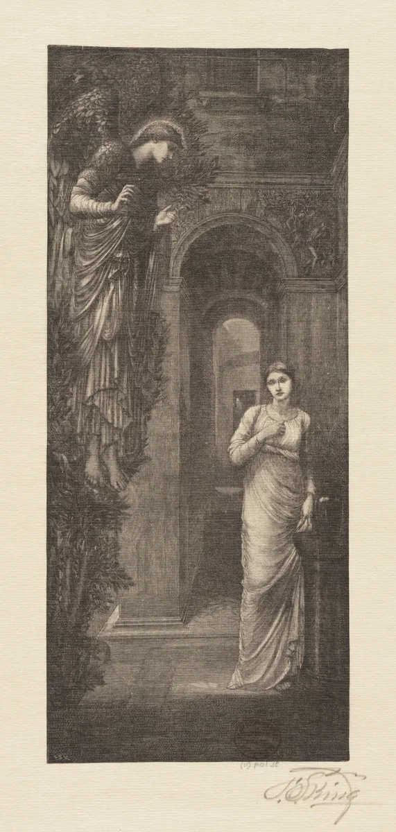 The Annunciation, after Burne-Jones, from "Art of the American Wood-Engraver. Forty India Proofs to Accompany the Text of Philip Gilbert Hamerton" by Francis Scott King, print, 1894