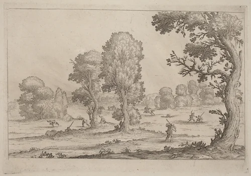 Men Fighting in a Landscape by Ercole Bazicaluva, print, 1638