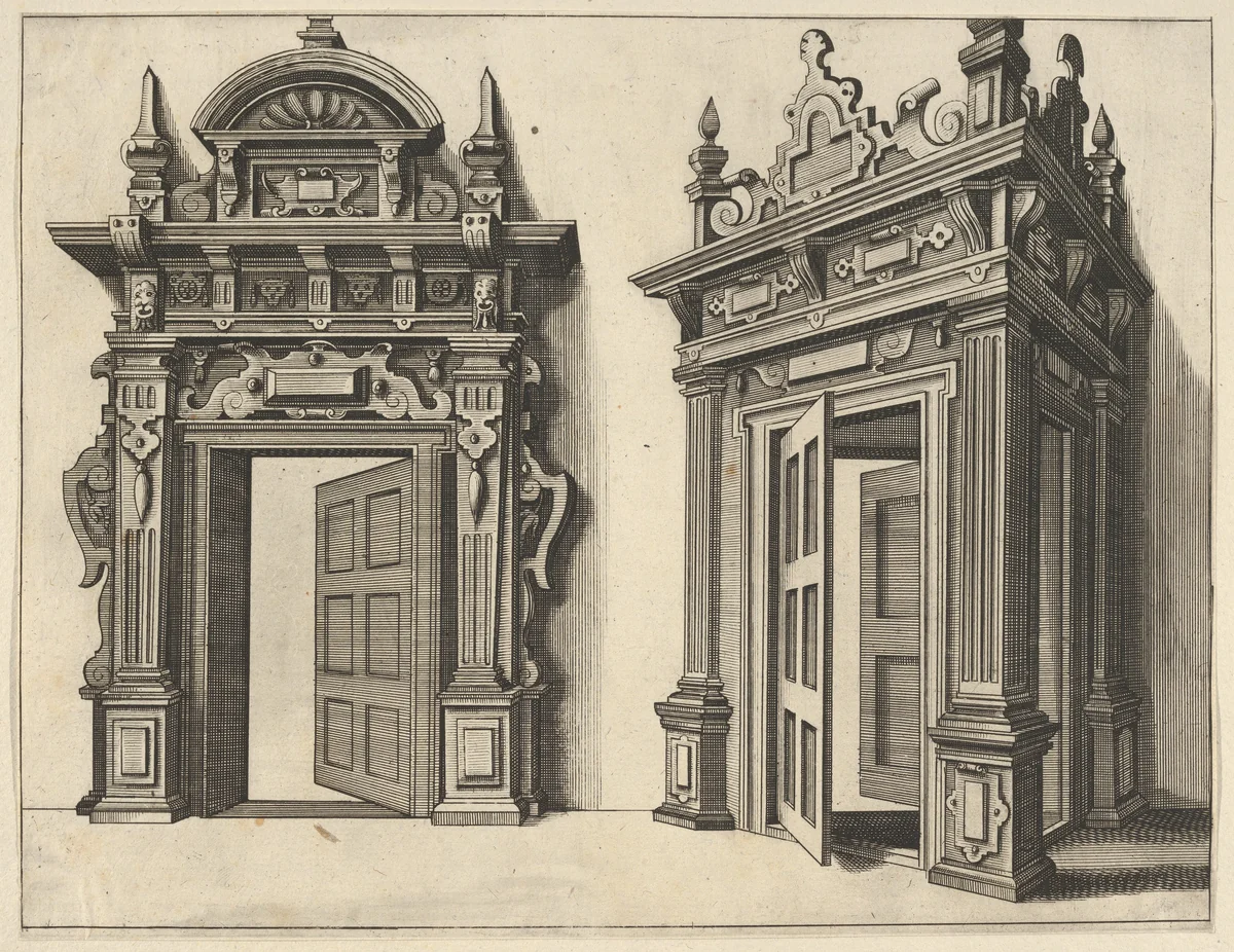 Two Wooden Portals from 'Verscheyden Schrynwerck (...)' ['Plusieurs Menuiseries (...)'] by Paul Vredeman de Vries, print, 1658
