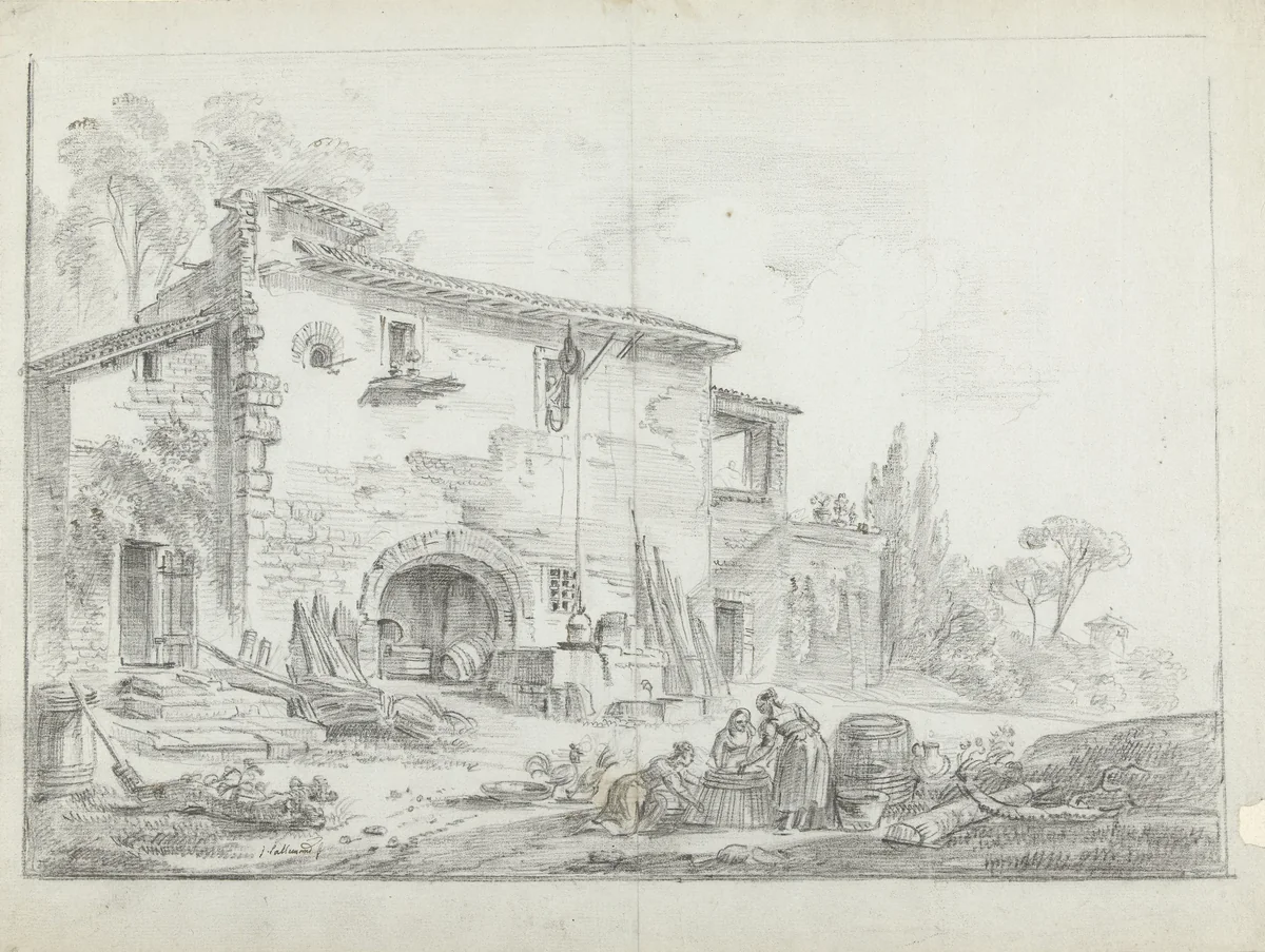 Drie vrouwen met vaten en ander materiaal by Jean Baptiste Lallemand, drawing, 1726-1803