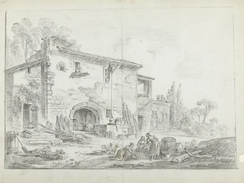Drie vrouwen met vaten en ander materiaal by Jean Baptiste Lallemand, drawing, 1726-1803