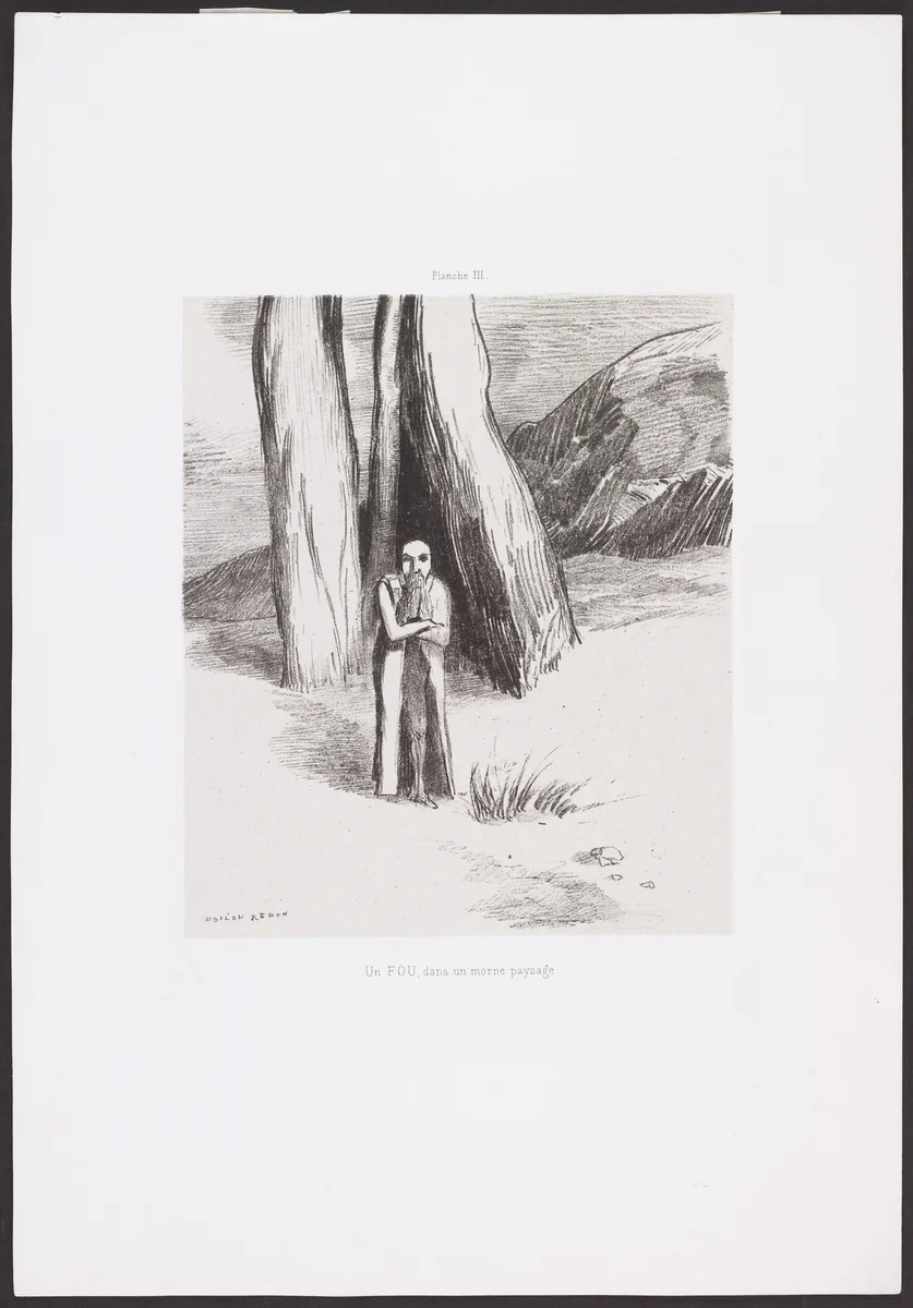 A Madman in a Dismal Landscape (Un Fou dans un morne paysage) from Homage to Goya (Hommage à Goya) by Odilon Redon, print, 1885