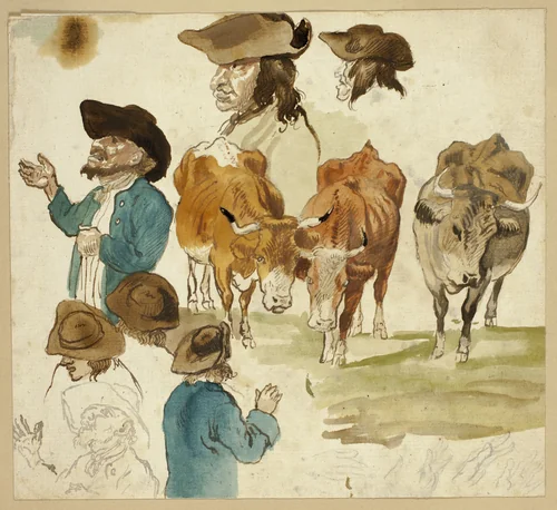 Sketches of Men and Cows by Unknown Artist, painting, 1700-1799