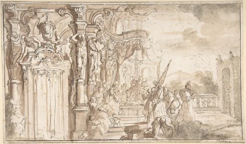 Design for a Stage Set: Solomon Receiving the Queen of Sheba under a Baldacchino, with Fantastical Architecture and a Gardenscape by Carlo Galli Bibiena, drawing, 1728-1778