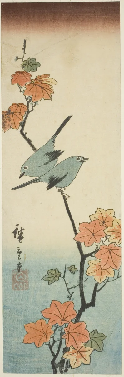 Japanese white-eyes on a maple branch by Utagawa Hiroshige (歌川広重), print, 1854