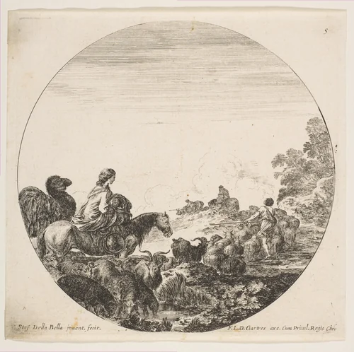 A woman carrying a child on a horse at left, a camel following her, a herd of goats, sheep, and a shepherd in front of her at right, plate 5 from "Roman landscapes and ruins" (Paysages et ruines de Rome) by Stefano della Bella, print, 1641-1651