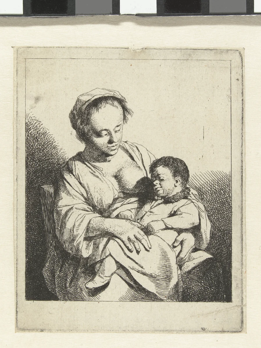Moeder met kind op schoot by Cornelis Pietersz. Bega, print, 1642-1664