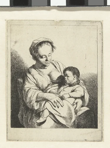 Moeder met kind op schoot by Cornelis Pietersz. Bega, print, 1642-1664