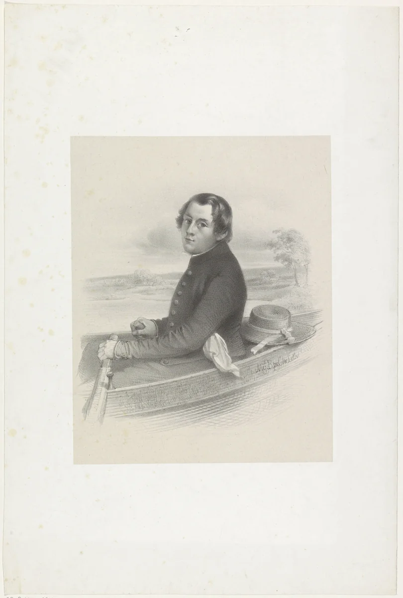 Portret van een onbekende jongen in een boot by Wilhelmus Cornelis Chimaer van Oudendorp, print, 1832-1873