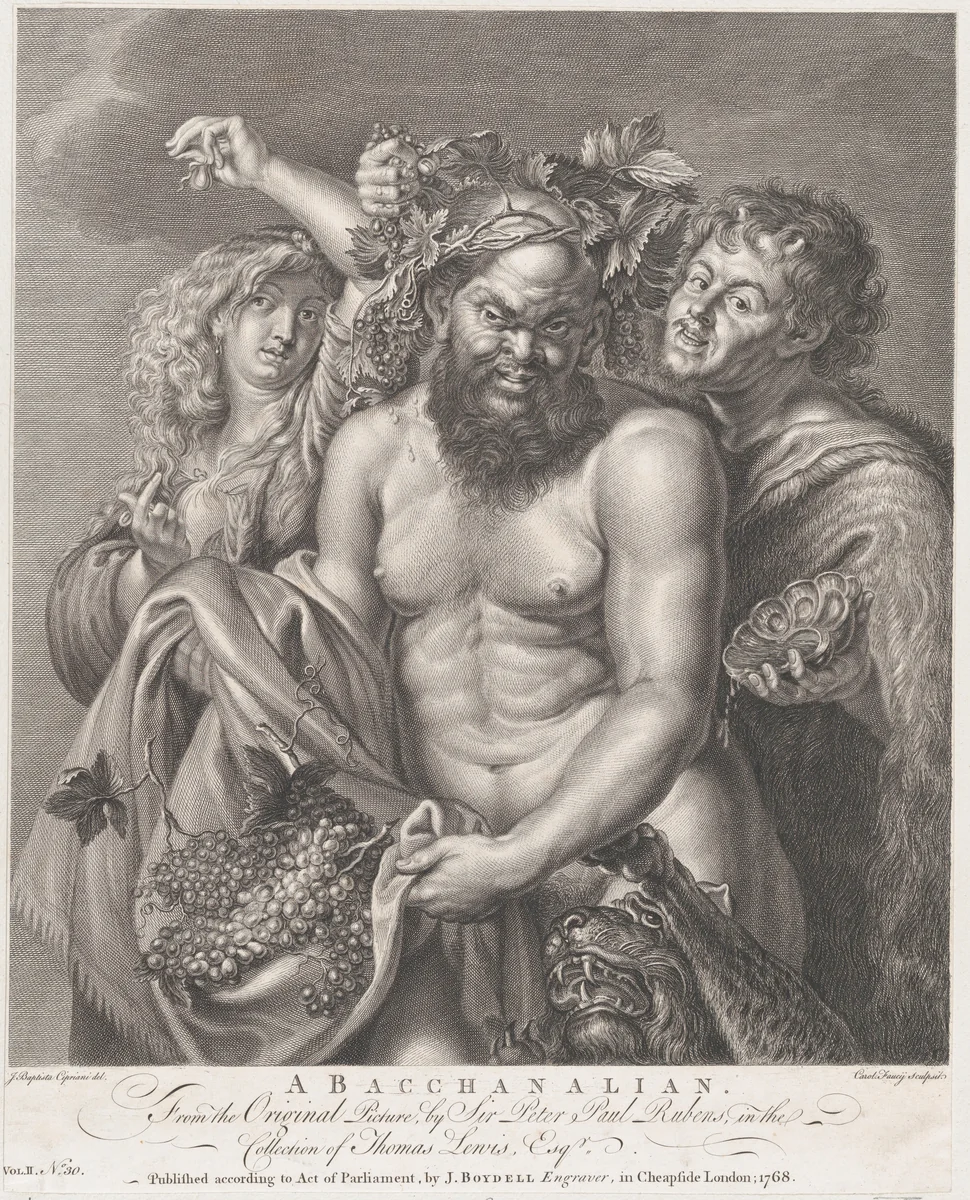 Bacchus accompanied by a Bacchante and a faun by Carlo Faucci, print, 1768