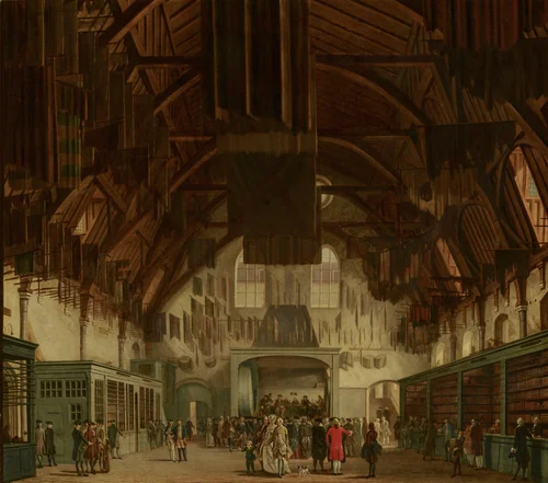 The Main Hall of the Binnenhof in The Hague, with the State Lottery Office by Hendrik Pothoven, painting, 1779
