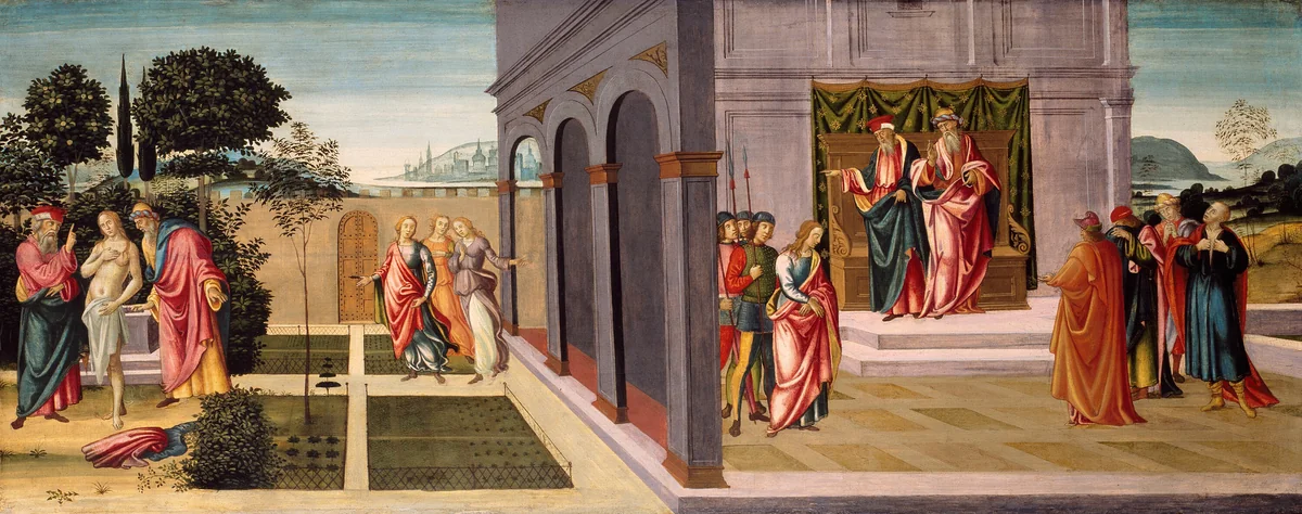 Susanna and the Elders in the Garden, and the Trial of Susanna before the Elders by Master of Apollo and Daphne, painting, 1495-1505