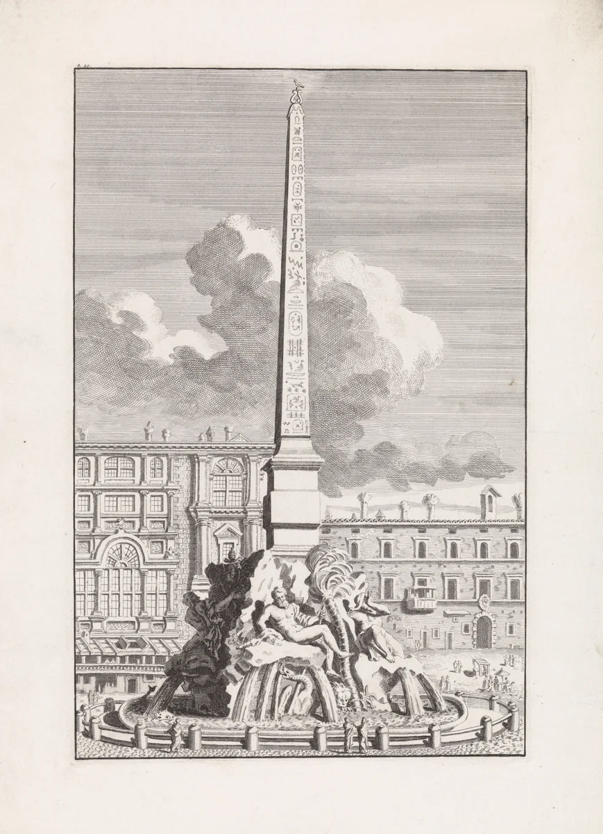 Agonalis obelisk met de Fontana dei quattro fiumi by Bonaventura van Overbeek, print, 1708