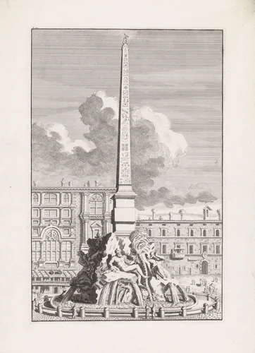 Agonalis obelisk met de Fontana dei quattro fiumi by Bonaventura van Overbeek, print, 1708