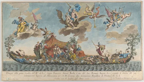 The highly ornamented first gondola of Francesco Antonio Berka entering Venice, Gods on clouds in the sky by Johann Georg Wolfgang, print, 1700