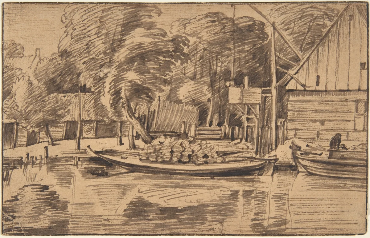 Landscape with a Canal in the Foreground by Johannes Leupenius, drawing, 1655-1693