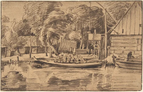 Landscape with a Canal in the Foreground by Johannes Leupenius, drawing, 1655-1693