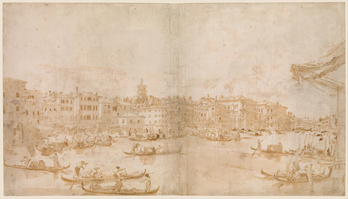 The Grand Canal above the Rialto (recto); A Priest Celebrating Mass and Saint Vincent Ferrer Preaching (verso) by Francesco Guardi, drawing, 1712-1793