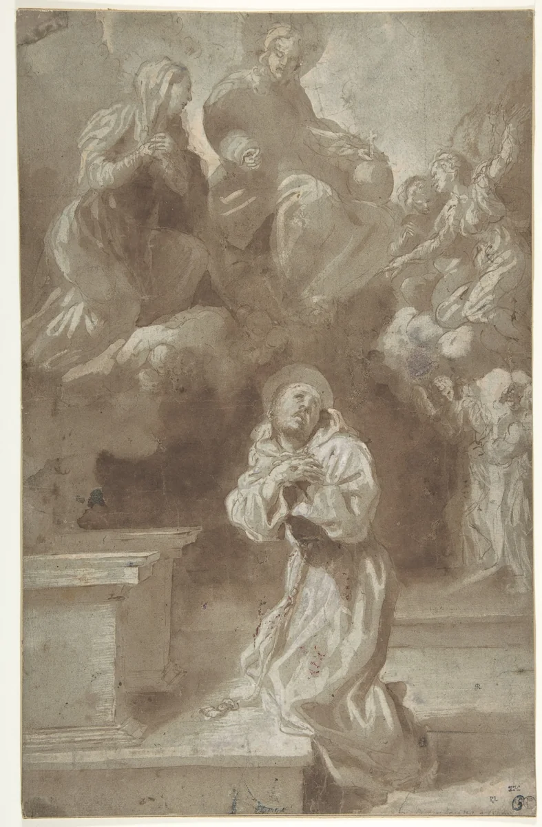 Christ and the Virgin Appearing to Saint Francis by Pietro Faccini, drawing, 1562-1602