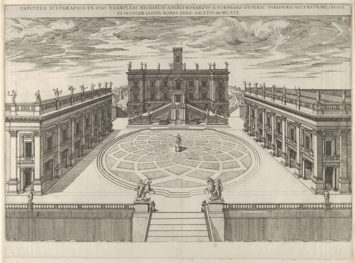 View of the Campidoglio as re-designed by Michelangelo, from "Speculum Romanae Magnificentiae" by Etienne DuPérac, print, 1569