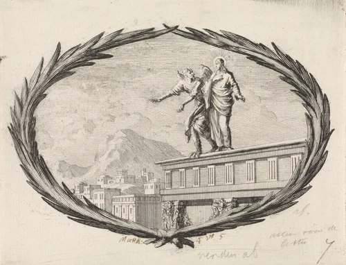 Verzoeking van Christus door de duivel op de tempel by Jan Luyken, print, 1700