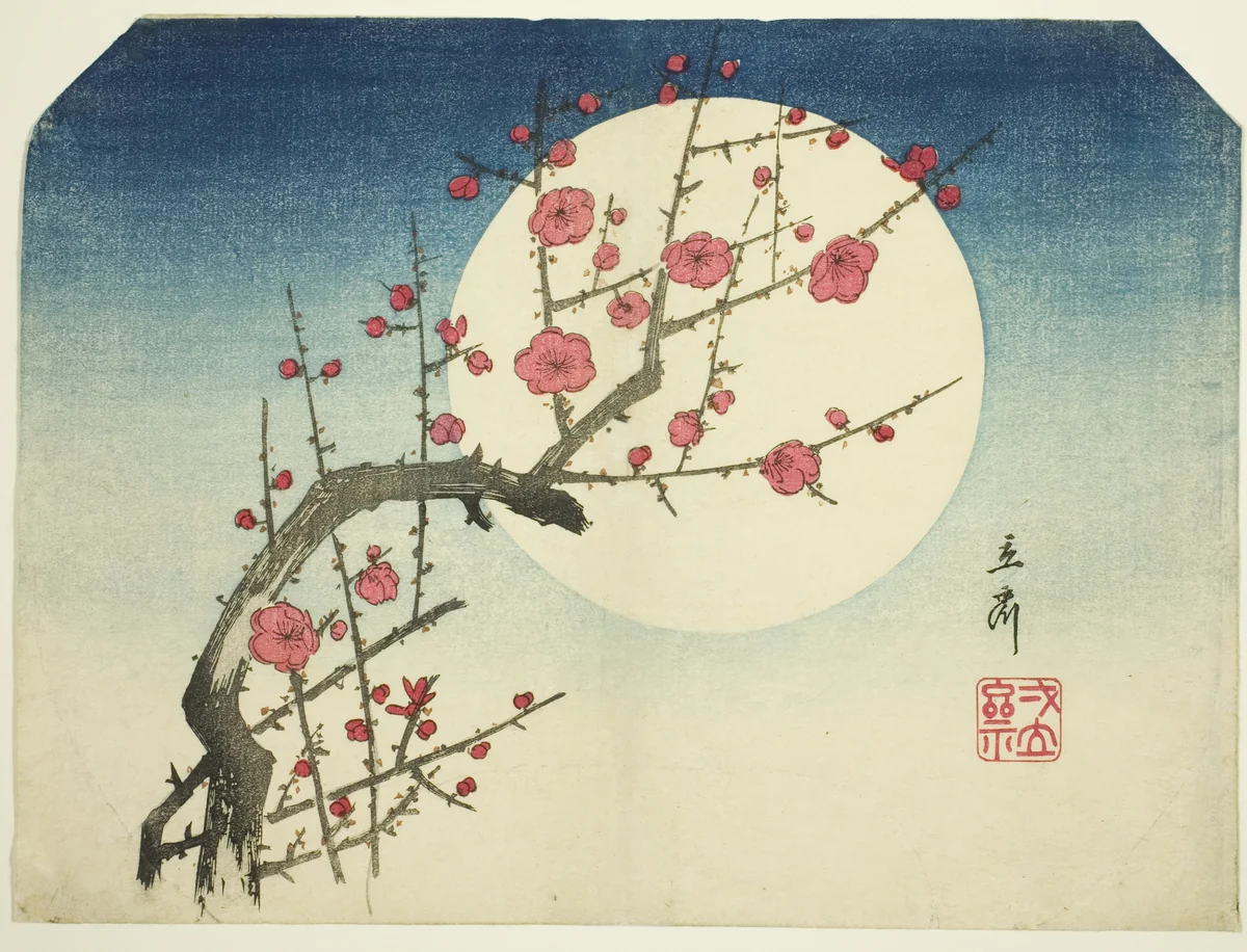 A Red Plum Branch against the Summer Moon by Utagawa Hiroshige (歌川広重), print, 1840-1850