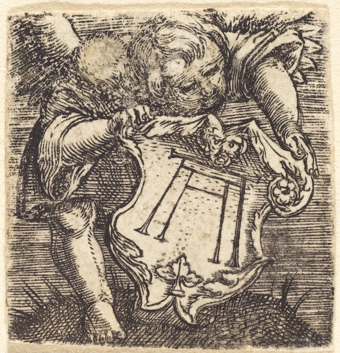 Putto Holding a Shield with the Monogram of Altdorfer by Albrecht Altdorfer, print, 1520