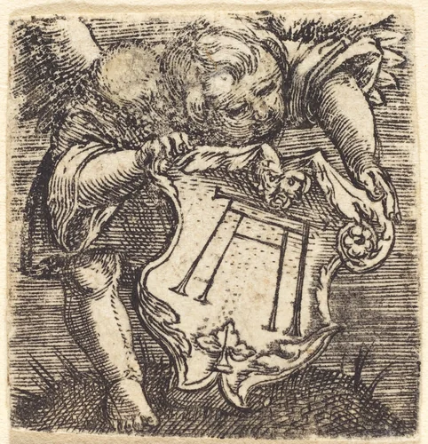 Putto Holding a Shield with the Monogram of Altdorfer by Albrecht Altdorfer, print, 1520
