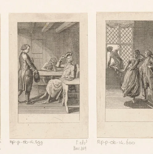 Begroeting tussen de schoolmeester en Peter Fix by Daniel Nikolaus Chodowiecki, print, 1783