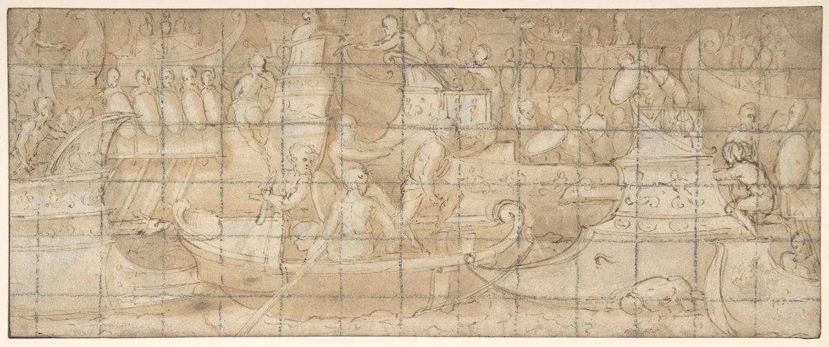 Antique Naval Battle (recto); A Battle Scene (verso) by Lattanzio Gambara, drawing, 1550-1555